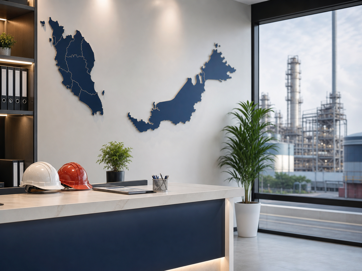 Kinetic office reception style with Malaysia map and industrial facility view